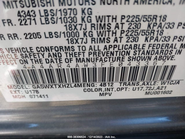 2015 MITSUBISHI OUTLANDER SPORT GT VIN: 4A4AR4AW3FE043367