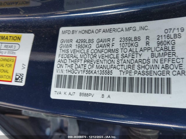 Honda Accord Ex-l 2019 1HGCV1F56KA135585 Image 9