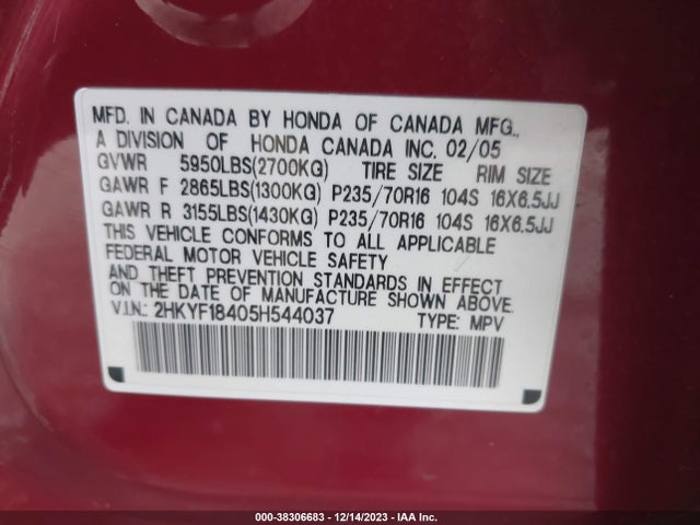 2005 HONDA PILOT EX VIN: 2HKYF18405H544037