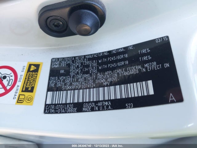 2015 TOYOTA HIGHLANDER XLE V6 VIN: 5TDKKRFH3FS074524