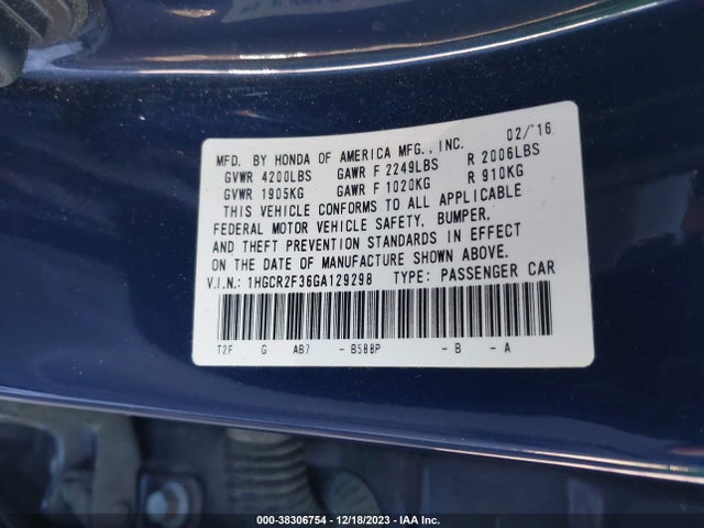 Honda ACCORD LX 2016 1HGCR2F36GA129298 Image 9