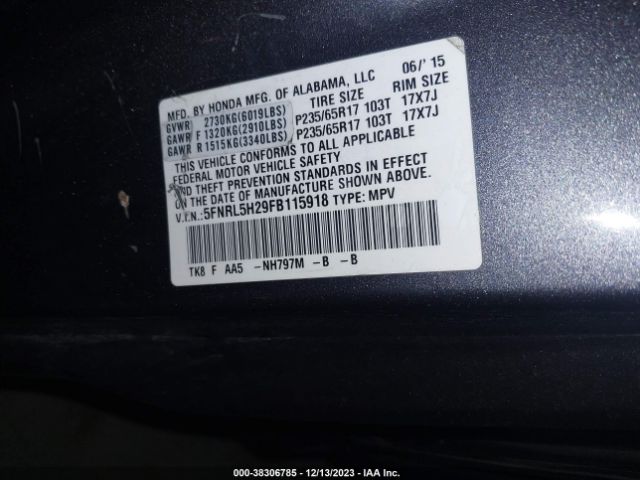 5FNRL5H29FB115918 Honda ODYSSEY LX