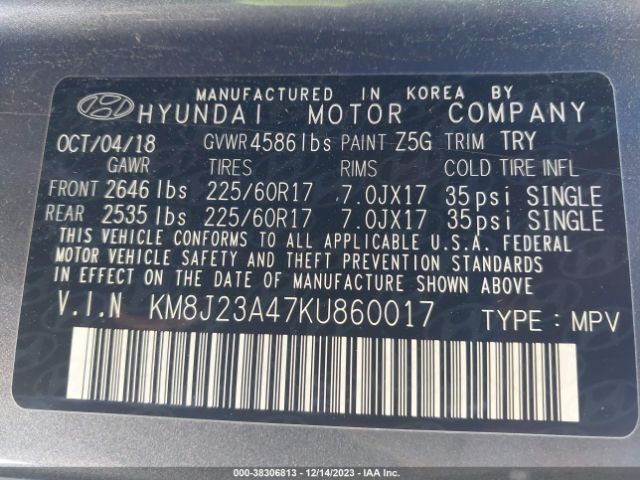 KM8J23A47KU860017 Hyundai TUCSON SE