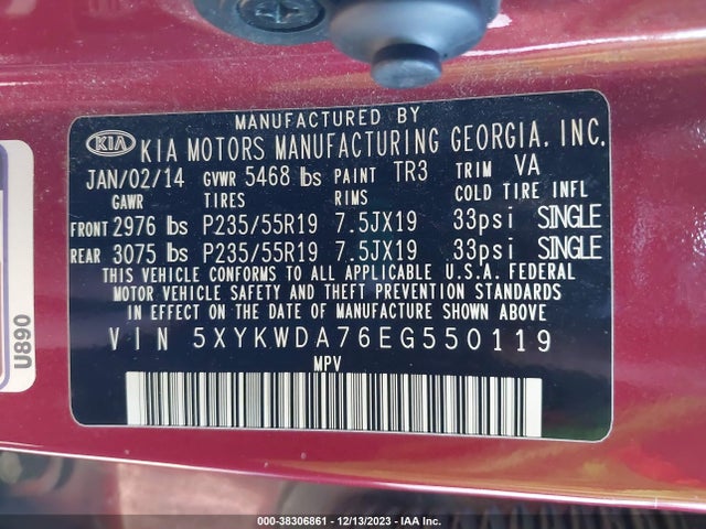 2014 KIA SORENTO SX V6 VIN: 5XYKWDA76EG550119