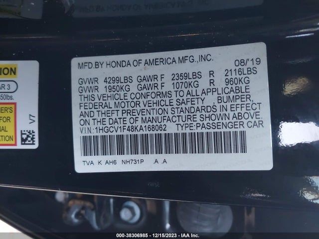 Honda ACCORD EX 2019 1HGCV1F48KA168062 Image 9