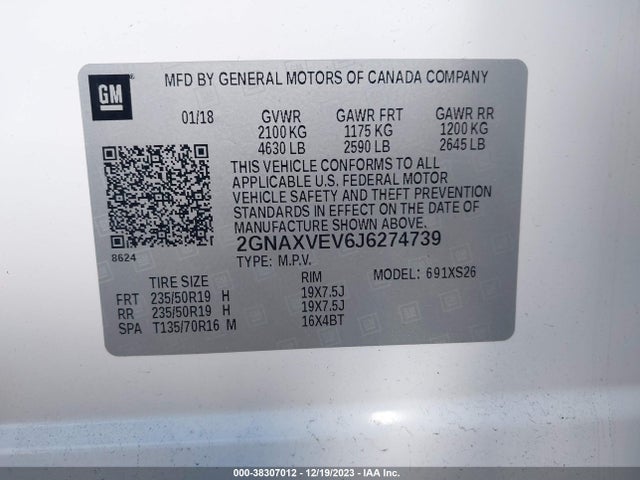 2018 CHEVROLET EQUINOX PREMIER VIN: 2GNAXVEV6J6274739