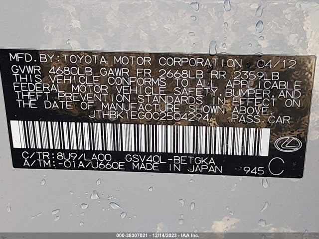 Продажа на аукционе авто 2012 Lexus Es 350, vin: JTHBK1EG0C2504294, номер лота: 38307021