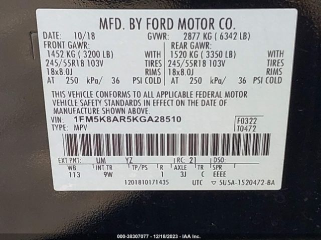 1FM5K8AR5KGA28510 Ford Police Interceptor Utility