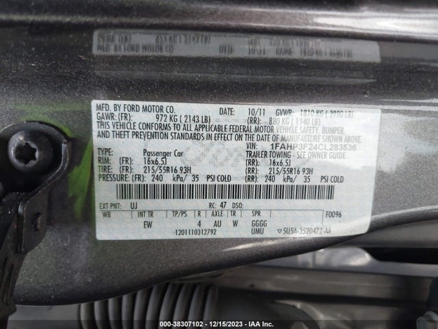 2012 FORD FOCUS SE VIN: 1FAHP3F24CL283536