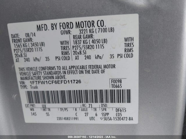 2014 FORD F-150 STX VIN: 1FTFW1CF6EFD11726