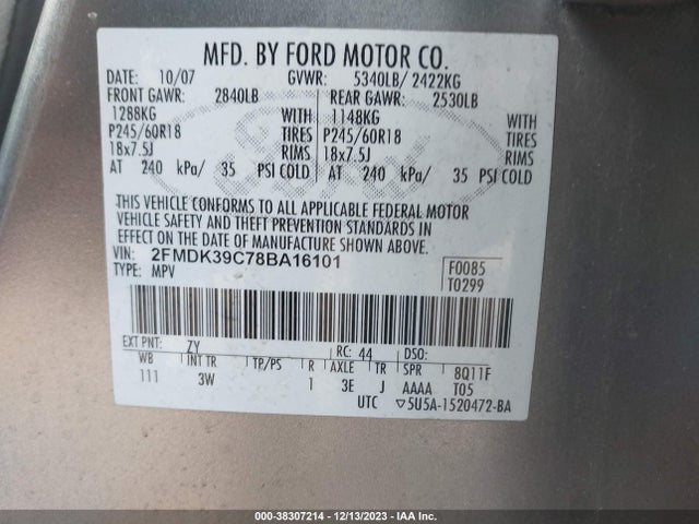 2008 FORD EDGE LIMITED VIN: 2FMDK39C78BA16101