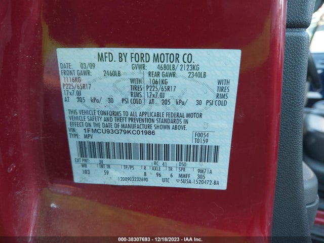 2009 FORD ESCAPE XLT VIN: 1FMCU93G79KC01986