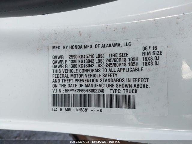 Honda Ridgeline Rtl-t 2017 5FPYK2F65HB002240 Image 9