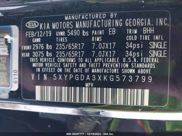 5XYPGDA3XKG573799 KIA Sorento 2.4l Lx
