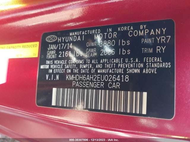 2014 HYUNDAI ELANTRA VIN: KMHDH6AH2EU026418