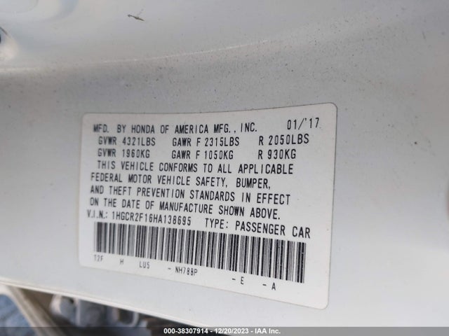 1HGCR2F16HA138695 Honda Accord Sport Se