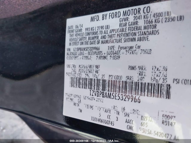 2014 FORD MUSTANG V6 VIN: 1ZVBP8AM5E5329966
