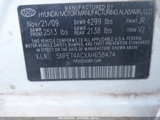 2010 HYUNDAI SONATA GLS VIN: 5NPET4ACXAH658474