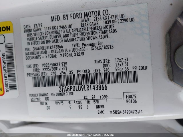 2020 FORD FUSION HYBRID SE VIN: 3FA6P0LU9LR143866