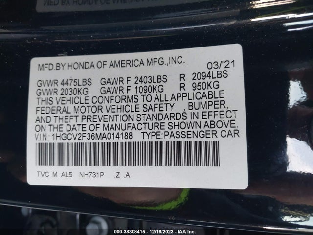 2021 HONDA ACCORD SPORT 2.0T VIN: 1HGCV2F36MA014188