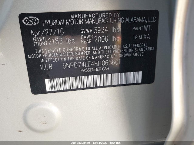 2017 HYUNDAI ELANTRA SE VIN: 5NPD74LF4HH065601
