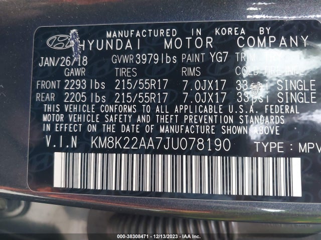 2018 HYUNDAI KONA SEL VIN: KM8K22AA7JU078190