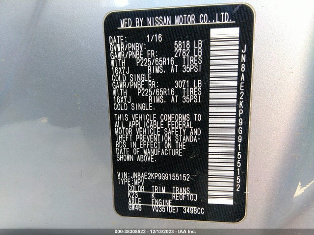 Nissan Quest Sv 2016 JN8AE2KP9G9155152 Image 9