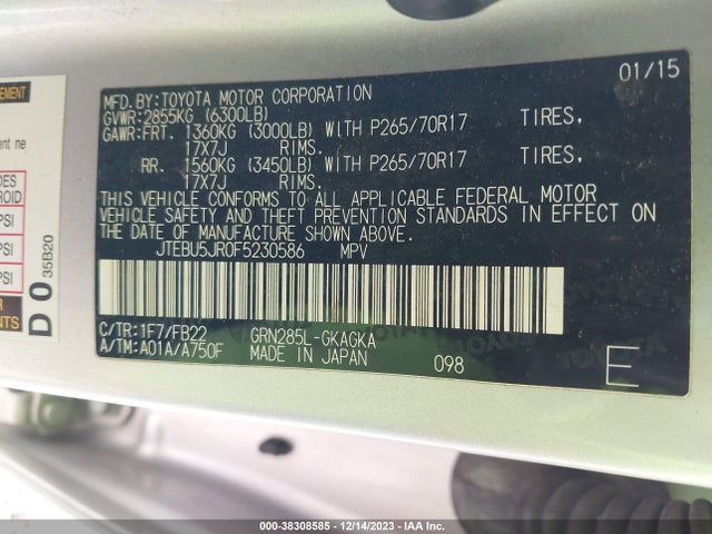 2015 TOYOTA 4RUNNER SR5 VIN: JTEBU5JR0F5230586