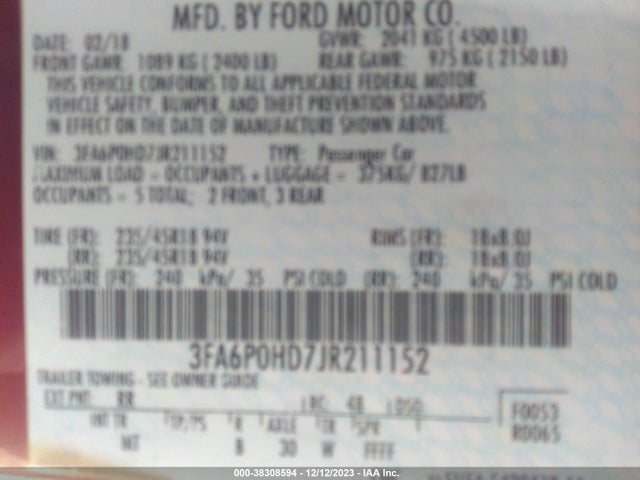 Ford FUSION SE 2018 3FA6P0HD7JR211152 Image 9