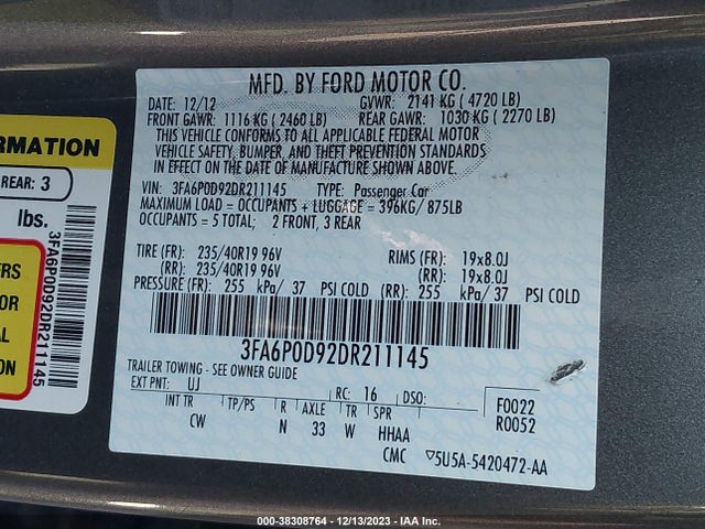 2013 FORD FUSION TITANIUM VIN: 3FA6P0D92DR211145