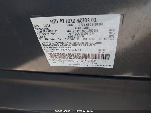 2019 FORD EXPLORER LIMITED VIN: 1FM5K7F8XKGA22342