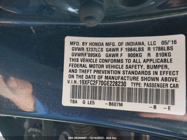 Honda CIVIC EX 2016 19XFC2F70GE228230 Image 9