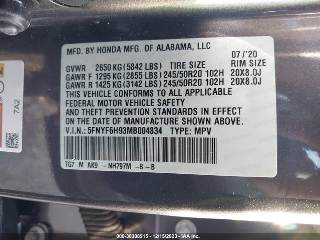 Honda Pilot Awd Touring 8 Passenger 2021 5FNYF6H93MB004834 Image 9