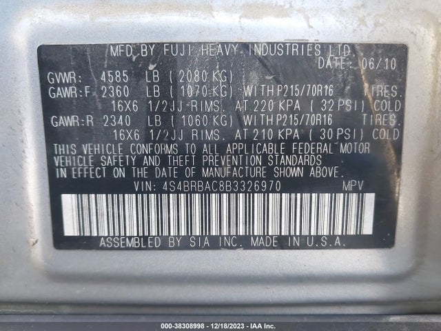 2011 SUBARU OUTBACK 2.5I VIN: 4S4BRBAC8B3326970