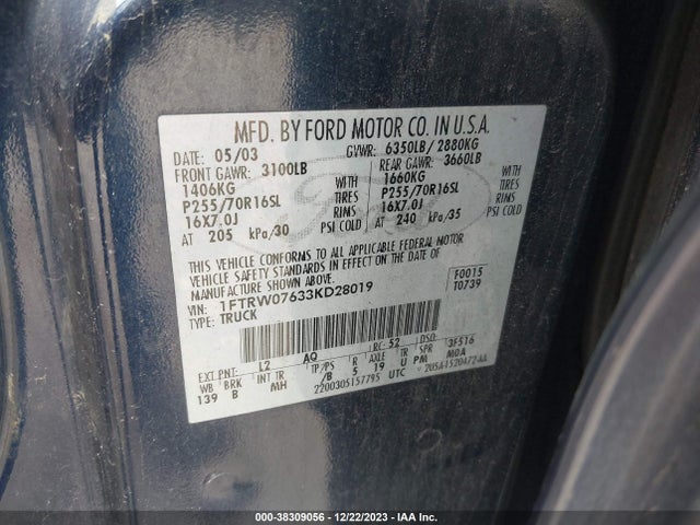 2003 FORD F-150 LARIAT/XLT VIN: 1FTRW07633KD28019