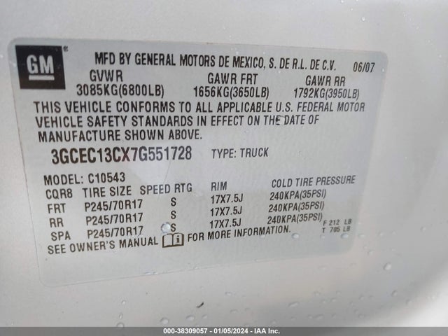 2007 CHEVROLET SILVERADO 1500 LS VIN: 3GCEC13CX7G551728