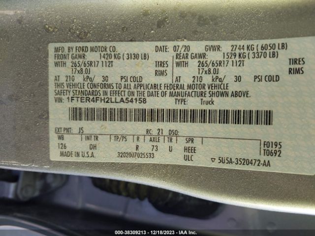 1FTER4FH2LLA54158 Ford Ranger Lariat