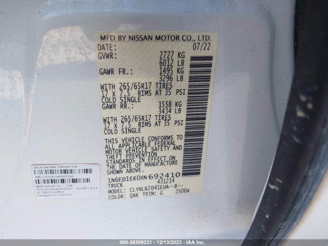 Nissan Frontier Sv 4x4 2022 1N6ED1EK0NN692410 Image 9