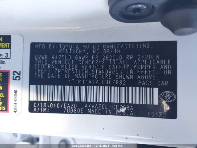 Toyota CAMRY SE 2020 4T1M11AK2LU867882 Image 9