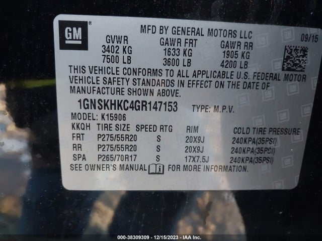 Chevrolet Suburban Lt 2016 1GNSKHKC4GR147153 Image 9