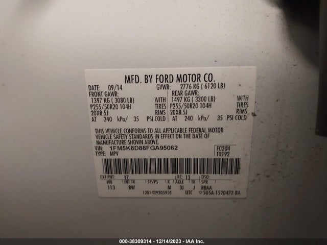 2015 FORD EXPLORER XLT VIN: 1FM5K8D88FGA95062