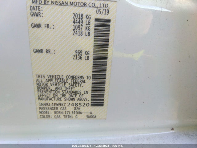 Nissan Altima 2.5 Sl 2019 1N4BL4EW9KC248520 Image 9