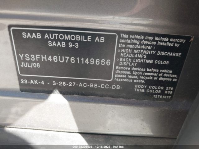 2006 SAAB 9-3 YS3FH46U761149666 Photo 8