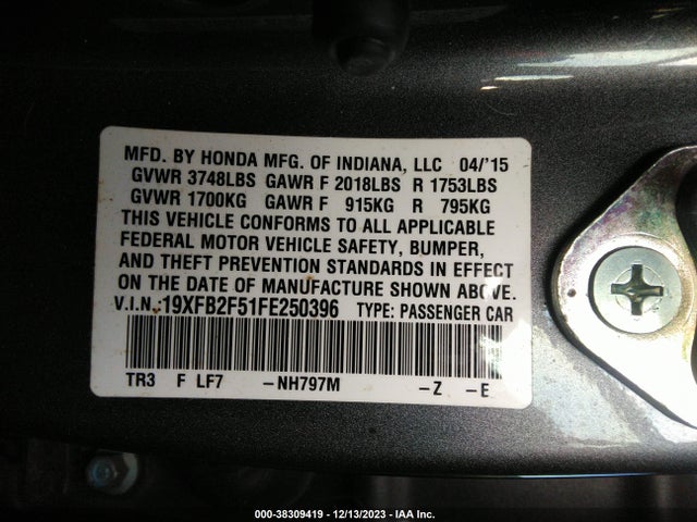2015 HONDA CIVIC LX VIN: 19XFB2F51FE250396