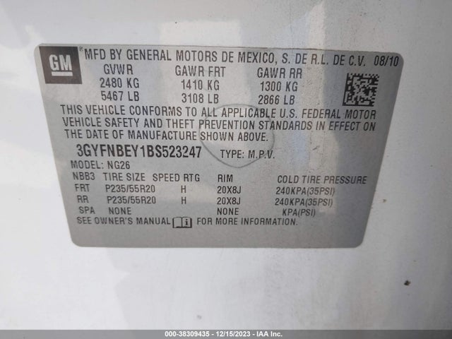 2011 CADILLAC SRX PERFORMANCE COLLECTION VIN: 3GYFNBEY1BS523247