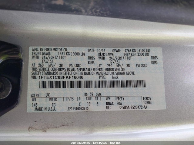 2015 FORD F-150 XL VIN: 1FTEX1C88FKF16046