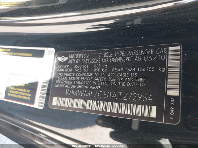 2010 MINI COOPER S WMWMF7C50ATZ72954 Photo 8