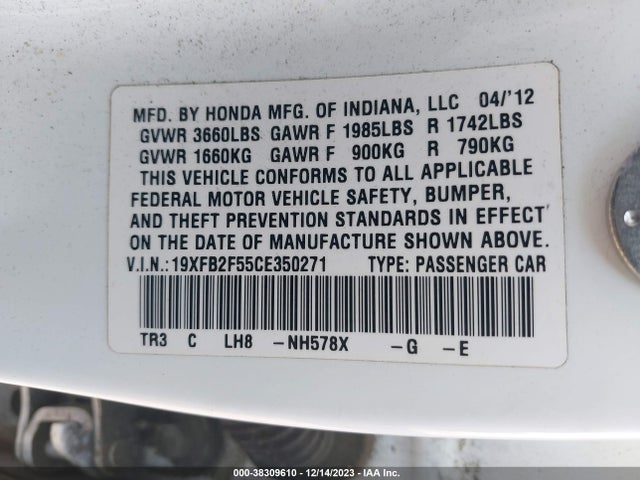 2012 HONDA CIVIC LX VIN: 19XFB2F55CE350271