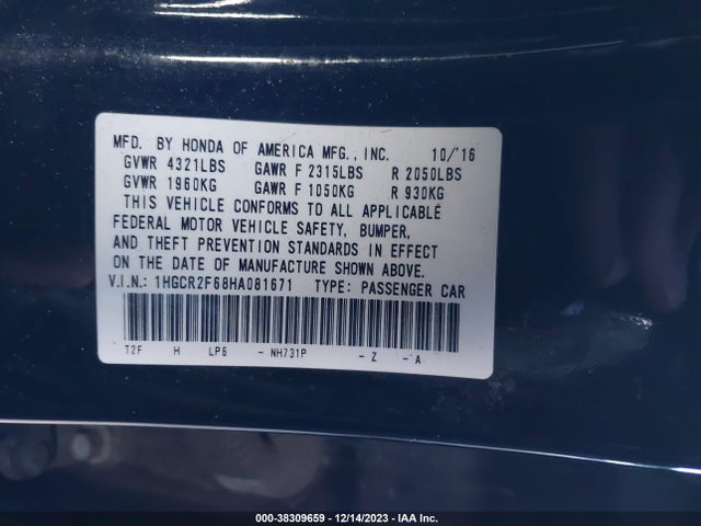 2017 HONDA ACCORD SPORT VIN: 1HGCR2F68HA081671