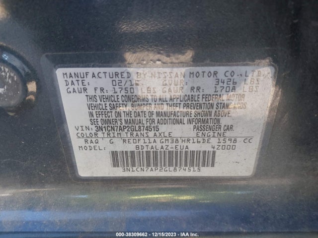 Nissan Versa 1.6 S+ 2016 3N1CN7AP2GL874515 Image 9